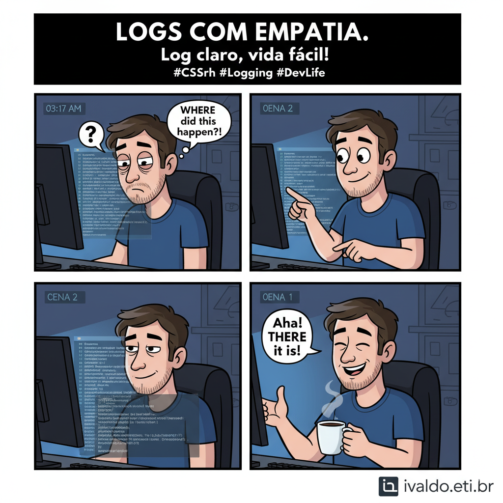 Uma história em quadrinhos ilustrando a experiência típica do desenvolvedor ao depurar com logs vagos versus o alívio de ter logs bem estruturados com informações do chamador.